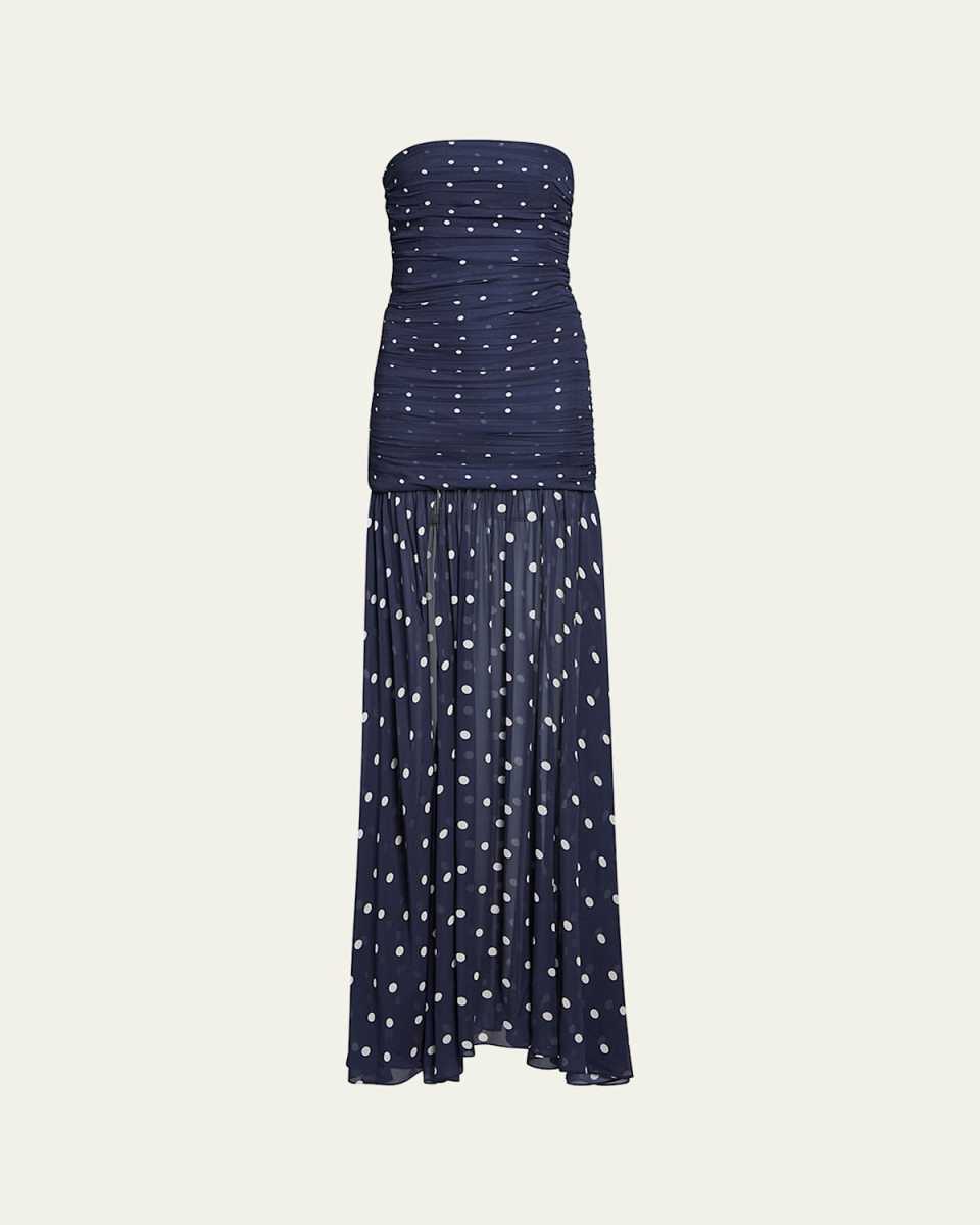 Annalise Ruched Strapless Polka Dot Dress